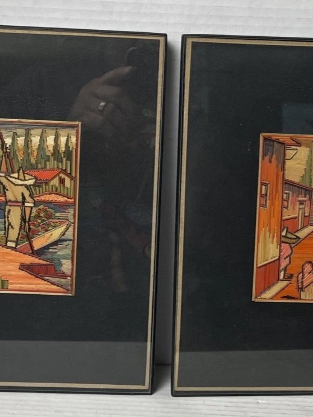 Vintage Mexican Popotillo Straw Art Pair Framed Folk Art 8x10